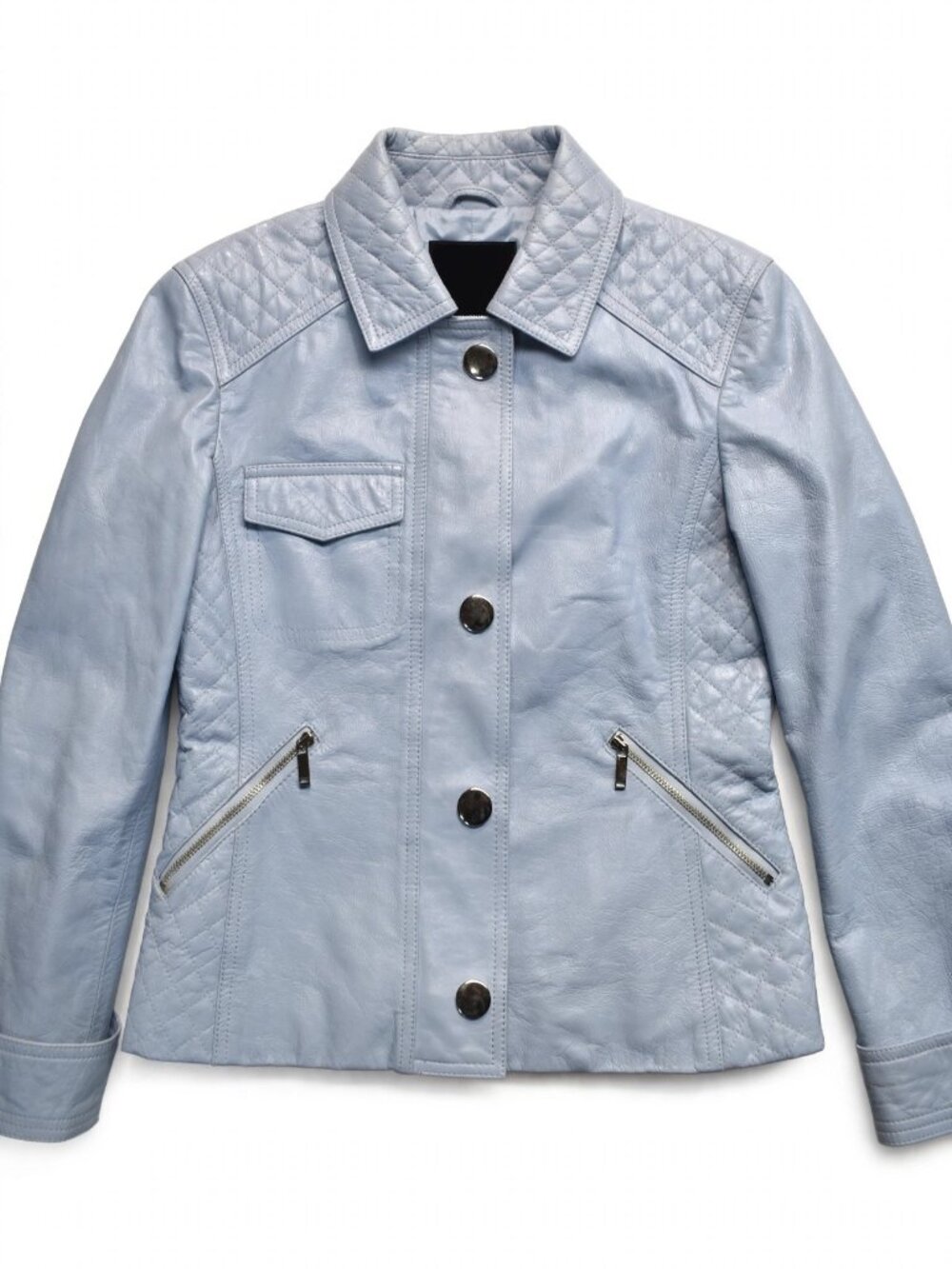 Etcetera Quilted Leather Jacket Womens Size 0 Light Blue 100% Leather